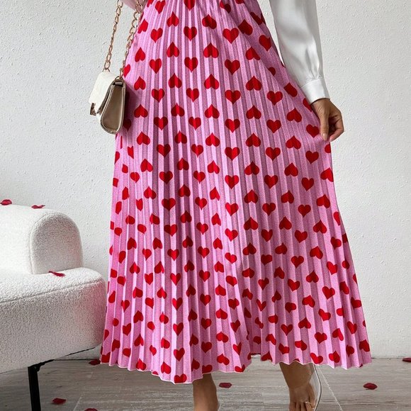 Hot Pink Casual Womens Women's Love Heart Printed Pleated Skirt - Picture 3 of 5